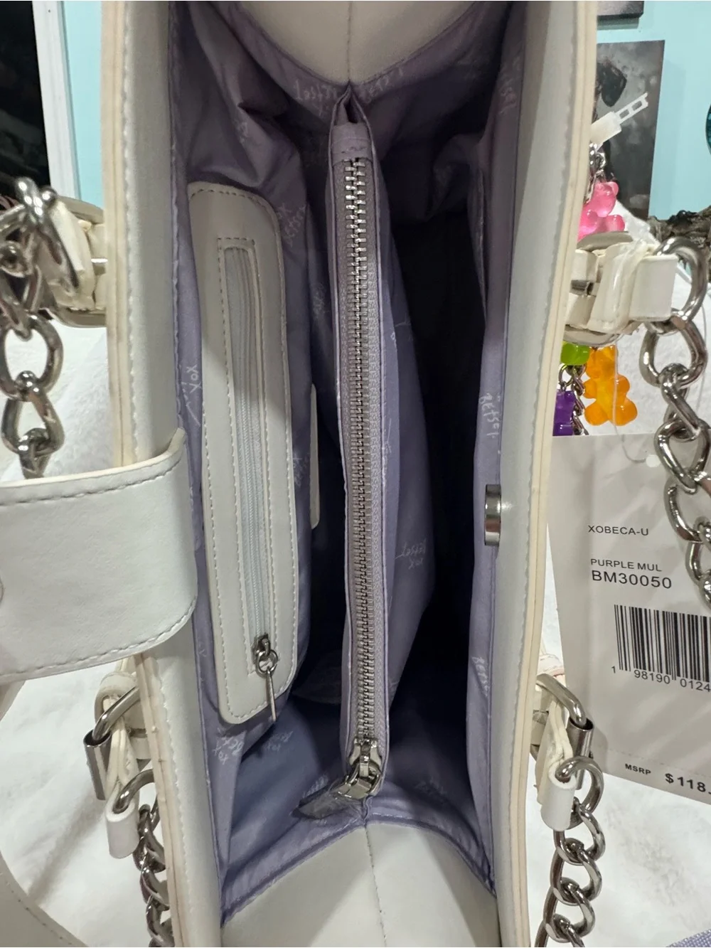 NWT Heart-Quilted Lavender and White Tote Bag by Betsey Johnson